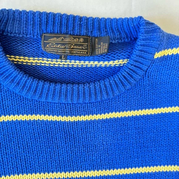 Eddie Bauer Vintage 
Cotton Crew Neck Sweater for Spring
Blue yellow stripes!
L - Picture 3 of 14